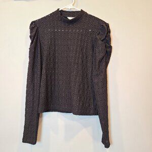 Pigalle Blouse Eyelet Lace Black Long Sleeve Top Womens Small Puff Sleeve